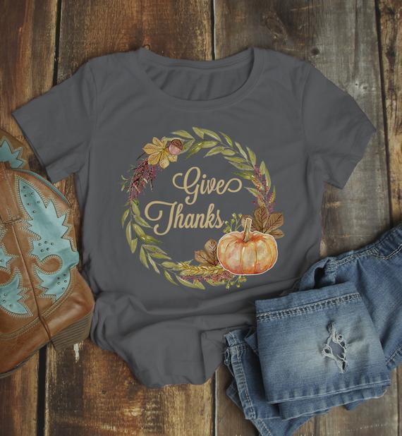 Women's Give Thanks T Shirt Fall Wreath Shirts Thanksgiving Graphic Tee Pumpkin Watercolor Illustration-Shirts By Sarah