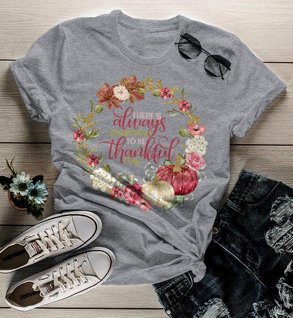 Women's Always Thankful T Shirt Fall Wreath Shirts Thanksgiving Graphic Tee Watercolor Pumpkin-Shirts By Sarah