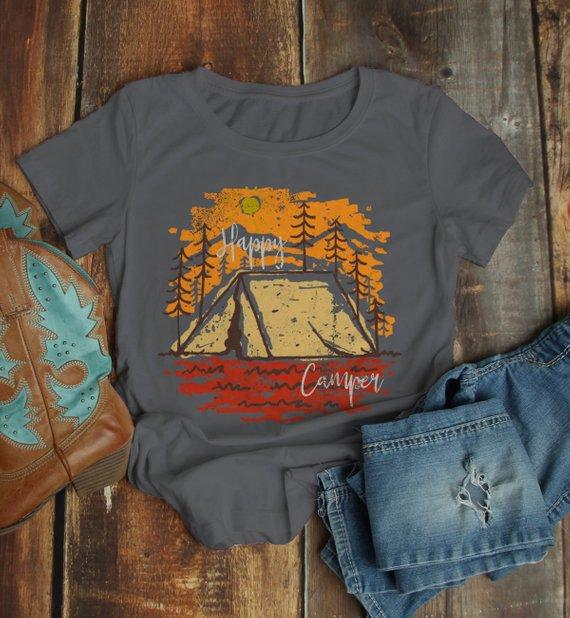 Women's Happy Camper T Shirt Fall Camping Camp Tent Illustration Forest Graphic Tee-Shirts By Sarah