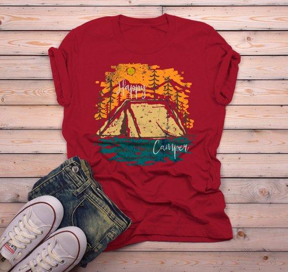 Men's Happy Camper T Shirt Fall Camping Camp Tent Illustration Forest Graphic Tee-Shirts By Sarah