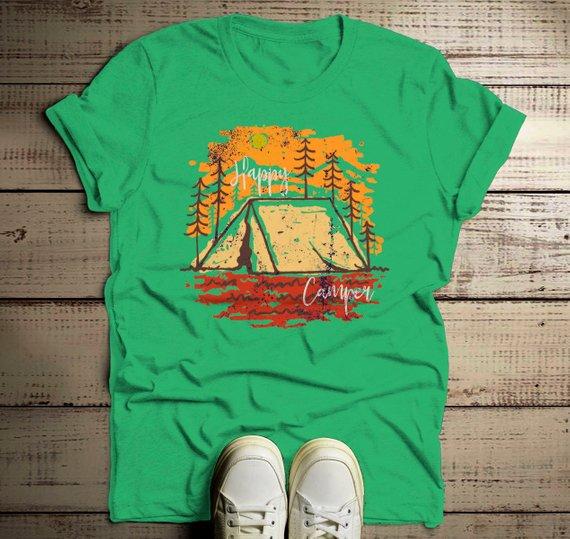 Men's Happy Camper T Shirt Fall Camping Camp Tent Illustration Forest Graphic Tee-Shirts By Sarah