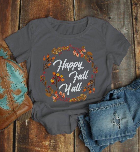 Women's Happy Fall Y'all T Shirt Floral Wreath Graphic Tee Season Shirts It's Fall Yall TShirt-Shirts By Sarah