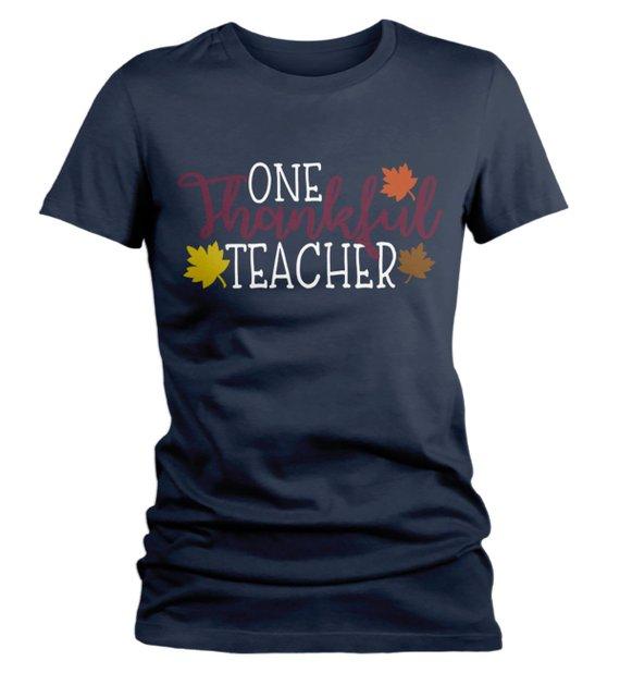 Women's Thanksgiving Teacher T Shirt One Thankful Teacher Graphic Tee Fall Shirts Teachers-Shirts By Sarah