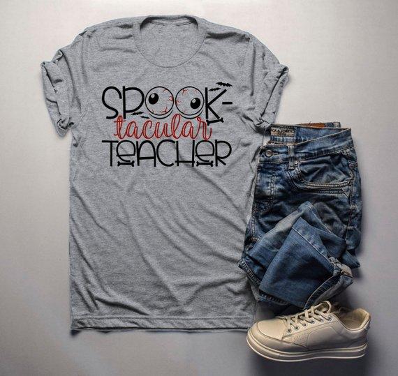 Men's Halloween Teacher T Shirt Spooktacular Teacher Graphic Tee Fall Shirts Spooky-Shirts By Sarah