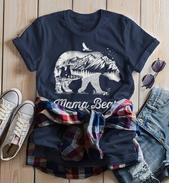 Women's Mama Bear T Shirt Mom T Shirts Hipster Double Exposure Camping Shirts-Shirts By Sarah