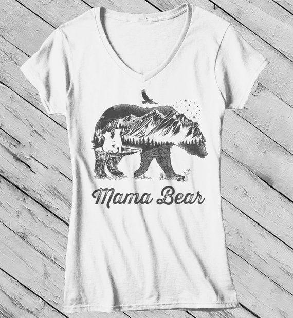 Women's Mama Bear T Shirt Mom T Shirts Hipster Double Exposure Camping Shirts-Shirts By Sarah