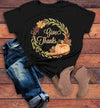 Women's Give Thanks T Shirt Fall Wreath Shirts Thanksgiving Graphic Tee Pumpkin Watercolor Illustration