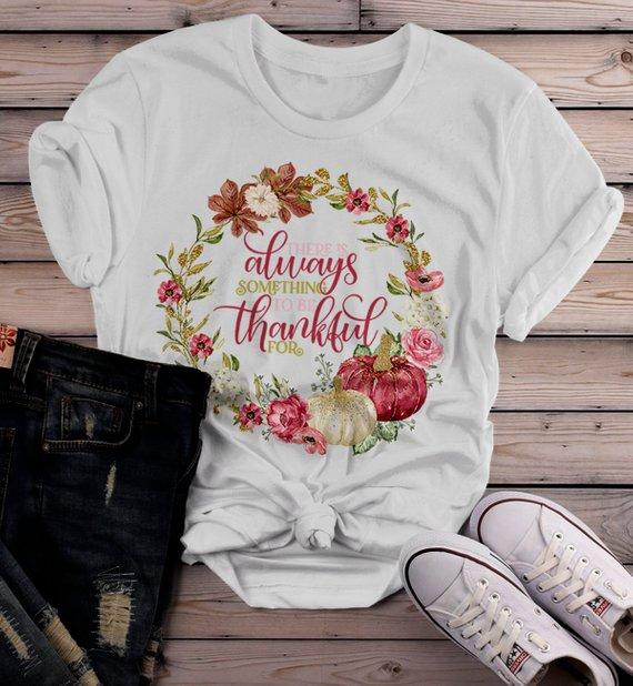 Women's Always Thankful T Shirt Fall Wreath Shirts Thanksgiving Graphic Tee Watercolor Pumpkin-Shirts By Sarah