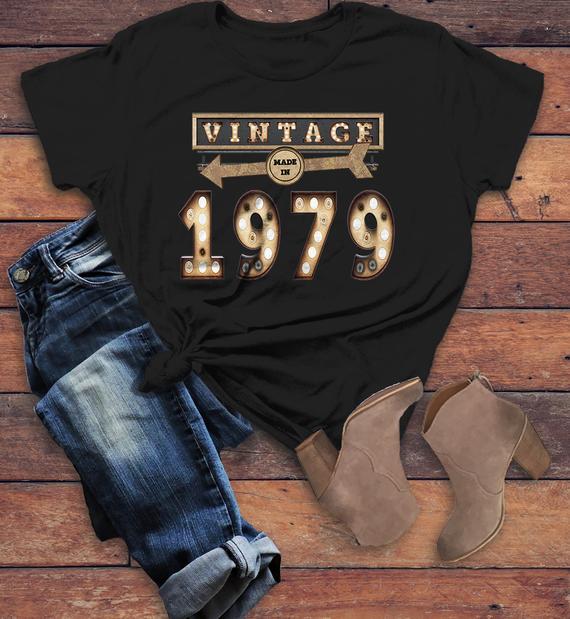 Women's Vintage T Shirt 1979 Birthday Shirt 40th Birthday Tee Light Bulb Marquee Sign Retro Gift Idea Vintage Tee-Shirts By Sarah