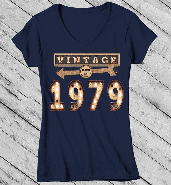Women's Vintage T Shirt 1979 Birthday Shirt 40th Birthday Tee Light Bulb Marquee Sign Retro Gift Idea Vintage Tee-Shirts By Sarah