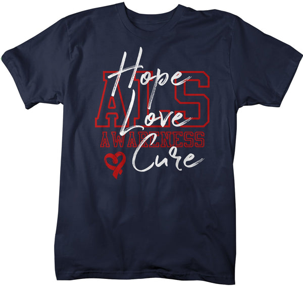 Men's Hope Love Cure ALS T-Shirt Red ALS Amyotrophic Lateral Sclerosis Ribbon Awareness Shirt-Shirts By Sarah