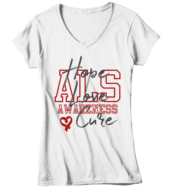 Women's Hope Love Cure ALS T-Shirt Red ALS Amyotrophic Lateral Sclerosis Ribbon Awareness Shirt-Shirts By Sarah