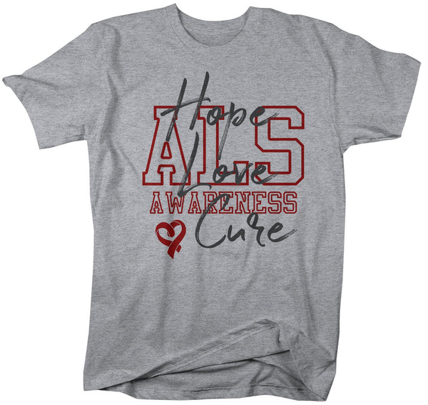 Men's Hope Love Cure ALS T-Shirt Red ALS Amyotrophic Lateral Sclerosis Ribbon Awareness Shirt-Shirts By Sarah