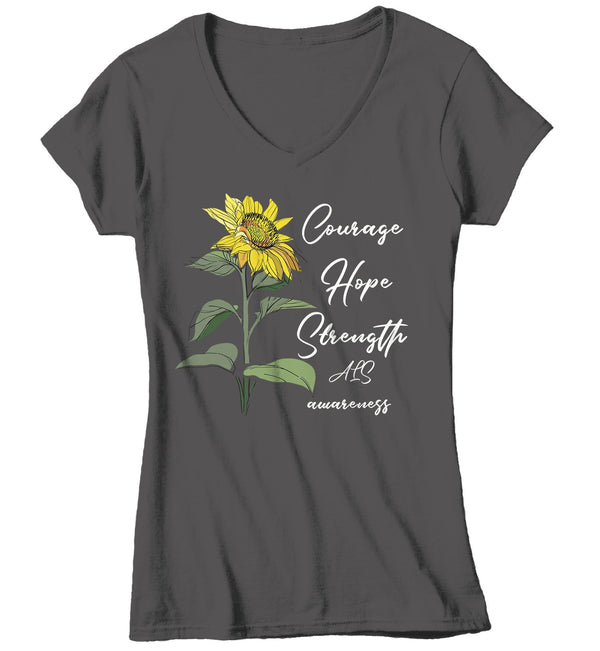Women's ALS T-Shirt Courage Hope Strength Sunflower Shirts ALS Amyotrophic Lateral Sclerosis Tshirt ALS Awareness Shirt-Shirts By Sarah