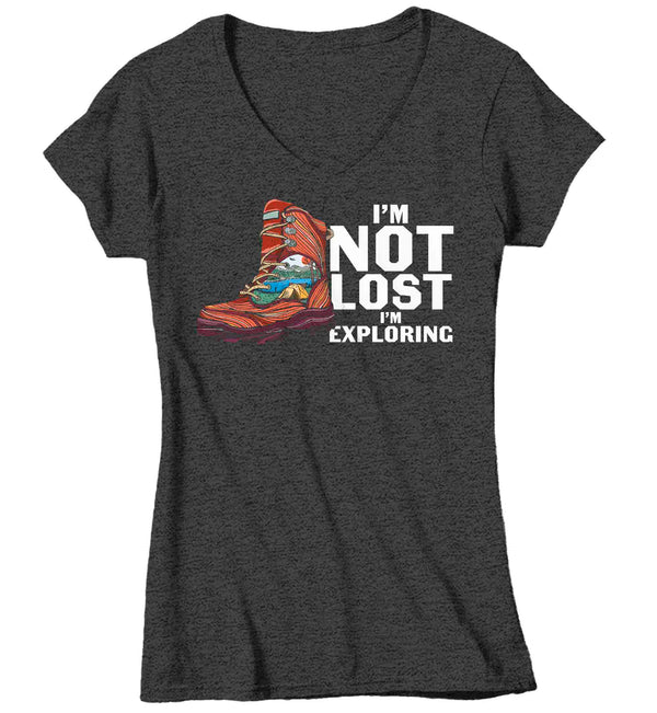 Women's V-Neck Hiking Shirt Not Lost Exploring T Shirt Hiker Camp Illustration Hike Summit Family Camping Road Trip Outdoors Ladies Woman-Shirts By Sarah