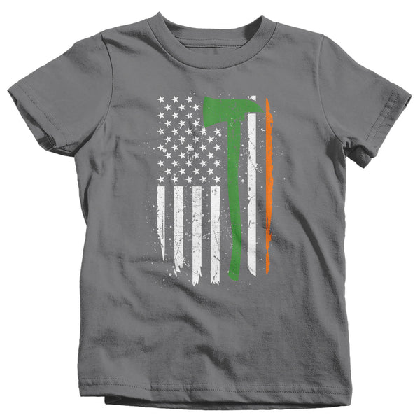 Kids Irish Firefighter Shirt Flag T Shirt Fireman Gift Idea Firefighter Gift Axe Patriotic Tee Boy's Girl's Youth Soft Tee-Shirts By Sarah
