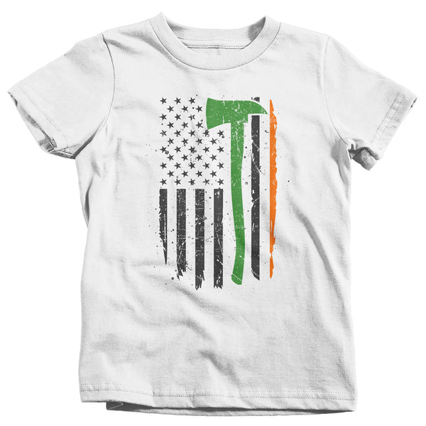 Kids Irish Firefighter Shirt Flag T Shirt Fireman Gift Idea Firefighter Gift Axe Patriotic Tee Boy's Girl's Youth Soft Tee-Shirts By Sarah