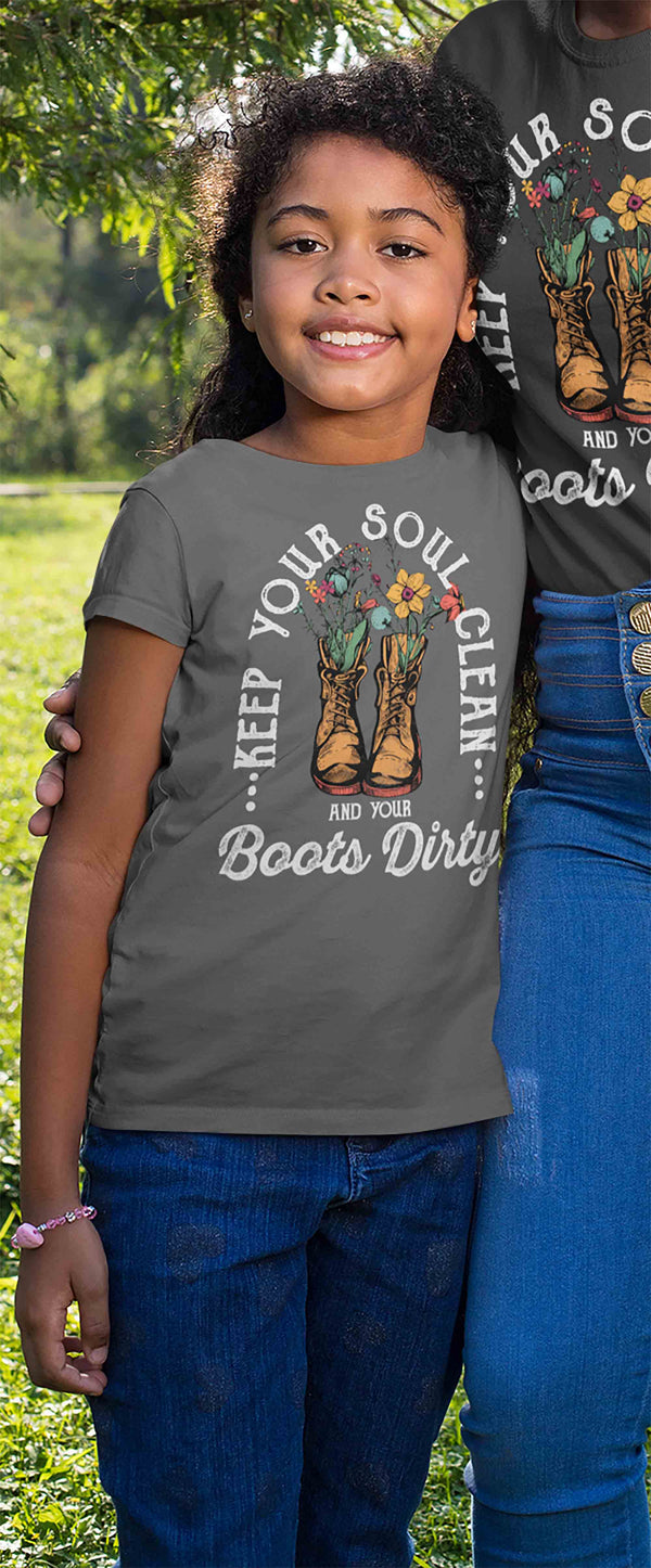 Kids Boho Hippie T Shirt Gardening Shirt Keep Your Soul Clean Boots Dirty Farmer Hiker Homestead Mother's Day TShirt Boys Girl's Tee-Shirts By Sarah