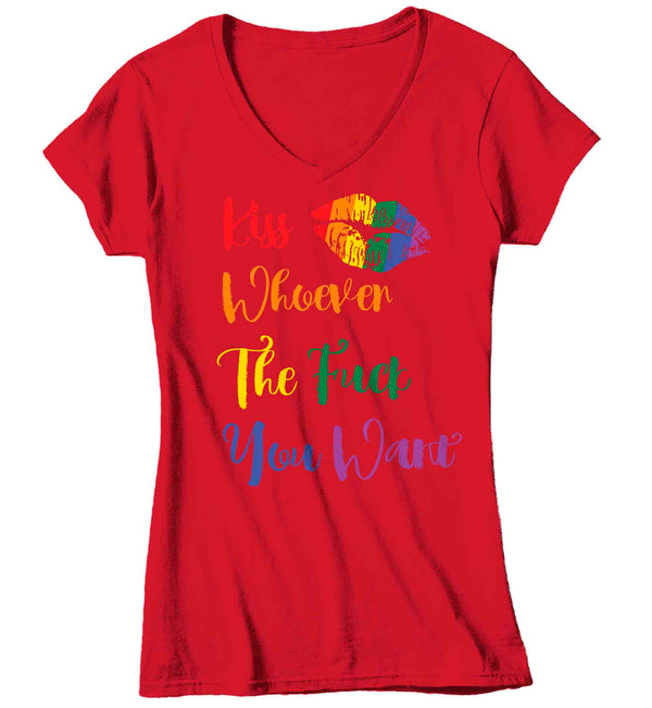 Women's V-Neck Kiss Whoever The F*ck You Want Shirt Support Gay Pride Mature T Shirt Rainbow Tee Gift LGBTQ TShirt Gay Pride Ladies Woman-Shirts By Sarah