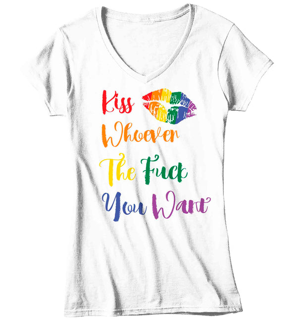 Women's V-Neck Kiss Whoever The F*ck You Want Shirt Support Gay Pride Mature T Shirt Rainbow Tee Gift LGBTQ TShirt Gay Pride Ladies Woman-Shirts By Sarah