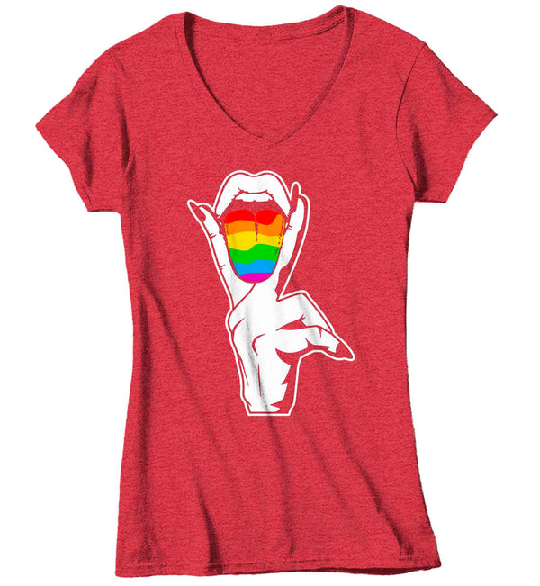 Women's V-Neck Lesbian Pride Shirt LGBTQ T Shirt Tongue Lips Shirts Rainbow Proud Funny LGBT Shirts Gay Trans Support Tee Ladies Woman-Shirts By Sarah