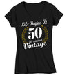 Women's V-Neck Funny 50th Birthday T Shirt Life Begins At Shirts Fiftieth Birthday Shirts Shirt For 50th Classic Age Fifty Birthday Gift Ladies