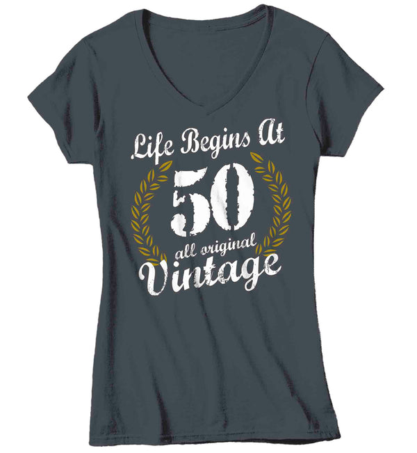 Women's V-Neck Funny 50th Birthday T Shirt Life Begins At Shirts Fiftieth Birthday Shirts Shirt For 50th Classic Age Fifty Birthday Gift Ladies-Shirts By Sarah