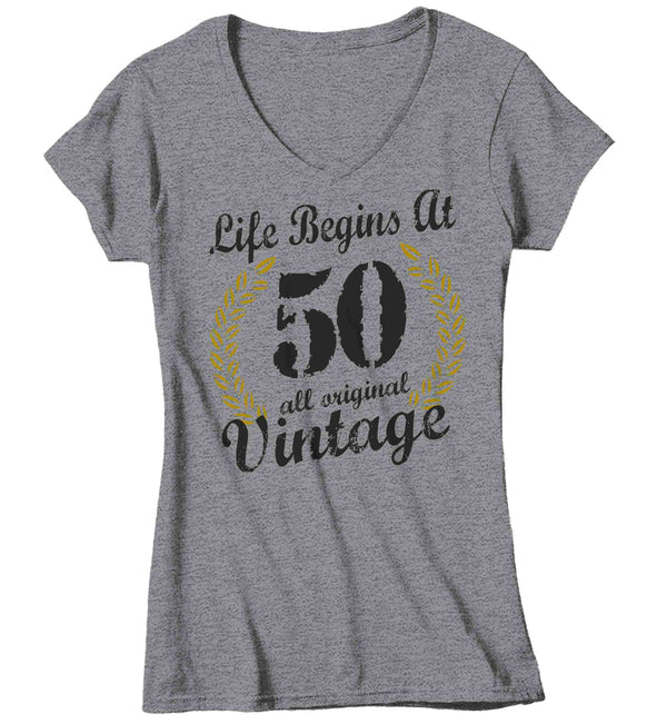 Women's V-Neck Funny 50th Birthday T Shirt Life Begins At Shirts Fiftieth Birthday Shirts Shirt For 50th Classic Age Fifty Birthday Gift Ladies-Shirts By Sarah