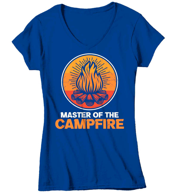 Women's V-Neck Master Of Camp Fire Shirt Campfire T Shirt Bonfire Camp Illustration Family Camping Road Trip Outdoors Ladies Woman-Shirts By Sarah