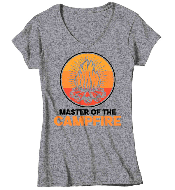 Women's V-Neck Master Of Camp Fire Shirt Campfire T Shirt Bonfire Camp Illustration Family Camping Road Trip Outdoors Ladies Woman-Shirts By Sarah