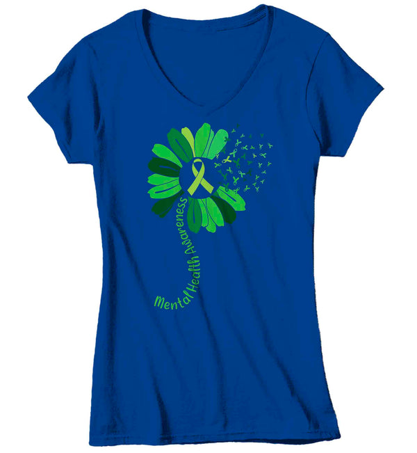 Women's V-Neck Mental Health Awareness Flower T Shirt Green Shirt Dandelion Tee ADHD TShirt Wellness Gift Ladies Woman Anxiety Depression-Shirts By Sarah