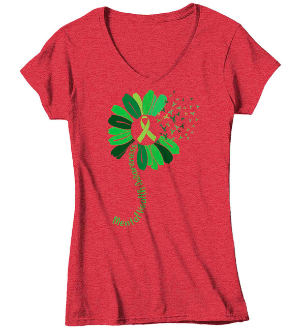 Women's V-Neck Mental Health Awareness Flower T Shirt Green Shirt Dandelion Tee ADHD TShirt Wellness Gift Ladies Woman Anxiety Depression-Shirts By Sarah