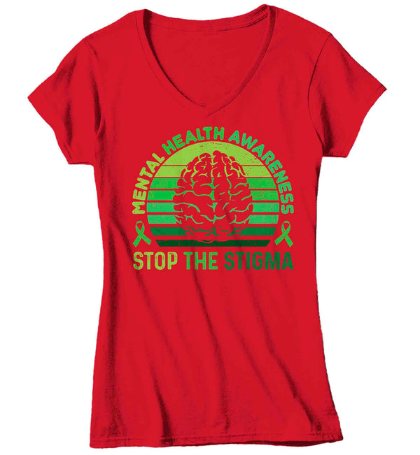 Women's V-Neck Mental Health Awareness T Shirt Green Shirt Stop The Stigma ADHD Tee Support TShirt Brain Gift Ladies Woman Anxiety Depression-Shirts By Sarah