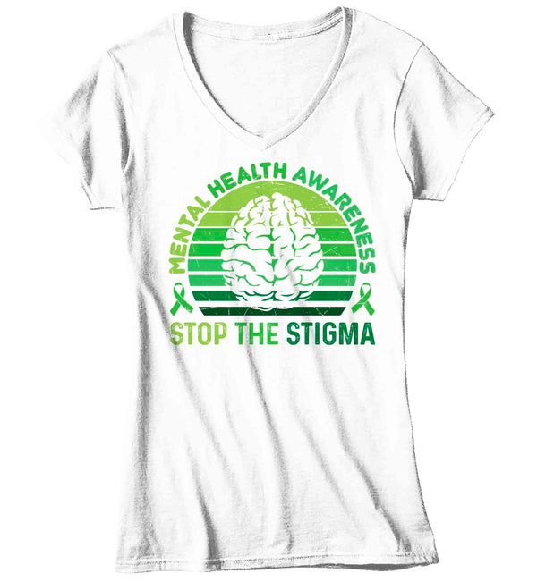 Women's V-Neck Mental Health Awareness T Shirt Green Shirt Stop The Stigma ADHD Tee Support TShirt Brain Gift Ladies Woman Anxiety Depression-Shirts By Sarah