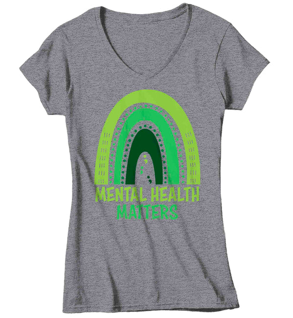 Women's V-Neck Mental Health Matters T Shirt Green Shirt Rainbow Awareness ADHD Tee Support TShirt Brain Gift Ladies Woman Anxiety Depression-Shirts By Sarah