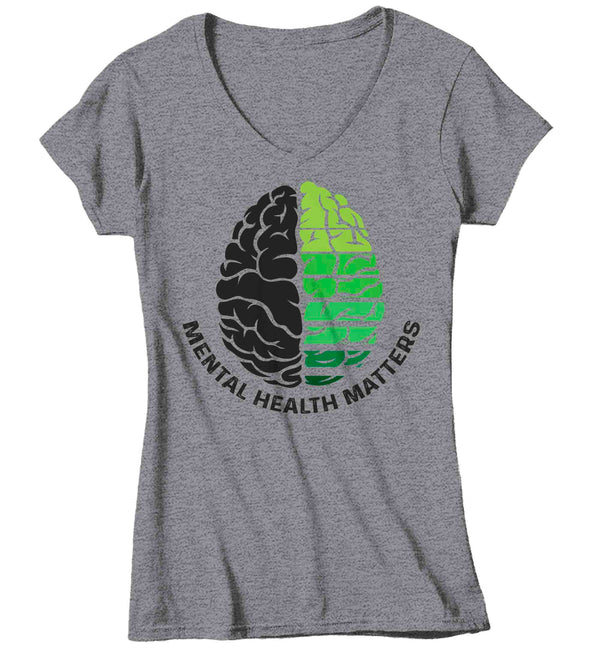 Women's V-Neck Mental Health Matters T Shirt Green Shirt Brain Disorder Awareness ADHD Tee Support TShirt Brain Gift Ladies Anxiety Depression-Shirts By Sarah