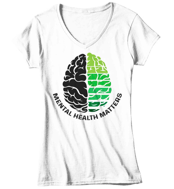 Women's V-Neck Mental Health Matters T Shirt Green Shirt Brain Disorder Awareness ADHD Tee Support TShirt Brain Gift Ladies Anxiety Depression-Shirts By Sarah