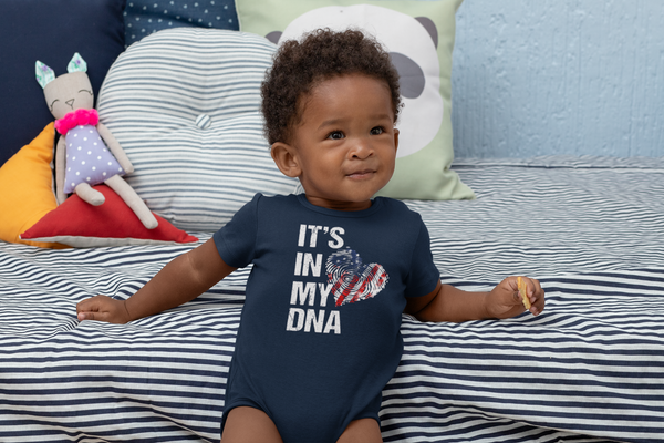 Baby In My DNA Bodysuit American Flag Snap Suit USA Patriotic TShirt 4th July One Piece Heart Fingerprint Infant Gift Idea-Shirts By Sarah