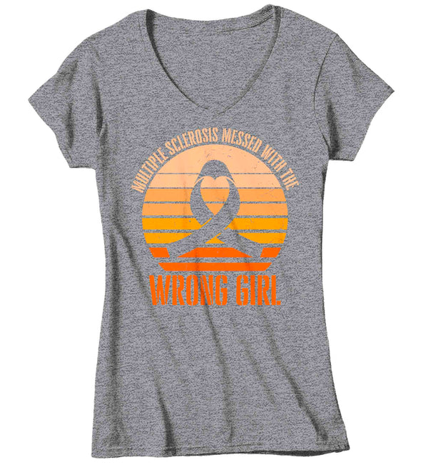 Women's V-Neck Multiple Sclerosis Shirt Messed With Wrong Girl T Shirt Vintage Orange Ribbon Support Gift Graphic Tee Awareness Ladies Woman-Shirts By Sarah