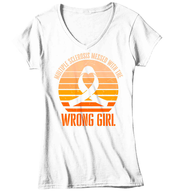 Women's V-Neck Multiple Sclerosis Shirt Messed With Wrong Girl T Shirt Vintage Orange Ribbon Support Gift Graphic Tee Awareness Ladies Woman-Shirts By Sarah