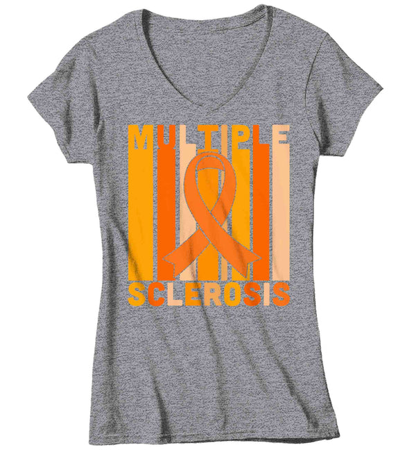Women's V-Neck Multiple Sclerosis Shirt Orange Ribbon MS Support T Shirt Vintage Orange Ribbon Gift Graphic Tee Awareness Ladies Woman-Shirts By Sarah