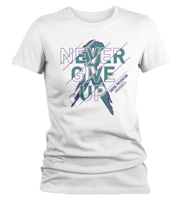 Women's Suicide Prevention T Shirt Never Give Up Suicide Shirts Teal Ribbon Suicide TShirt Prevention Shirts Typography-Shirts By Sarah