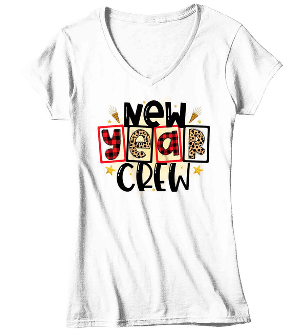 Women's V-Neck New Year's Tee Happy New Year Crew Shirt T Shirt Leopard Shirts Party New Year Eve Celebrate Plaid Ladies Graphic Tee-Shirts By Sarah