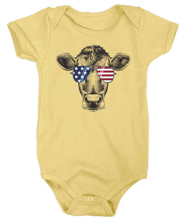 Baby Patriotic Shirt Cow Creeper Heifer TShirt Merica Glasses Flag 4th July Snap Suit Funny Patriot Farmer Farm Bodysuit-Shirts By Sarah