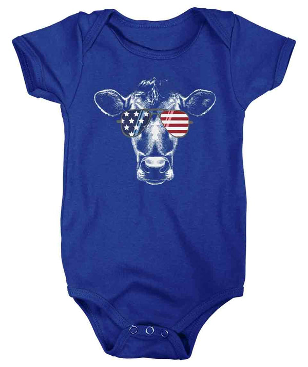 Baby Patriotic Shirt Cow Creeper Heifer TShirt Merica Glasses Flag 4th July Snap Suit Funny Patriot Farmer Farm Bodysuit-Shirts By Sarah