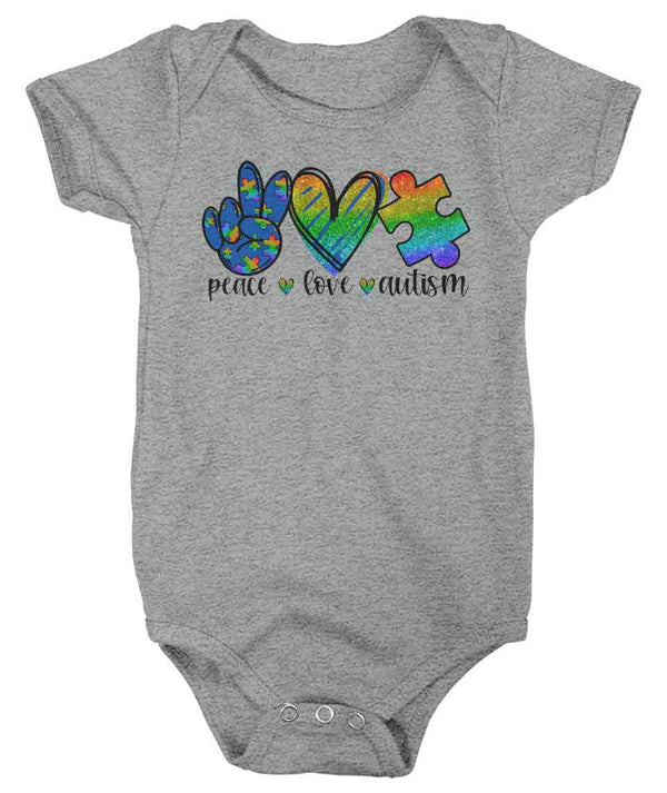 Baby Peace Love Autism Shirt Cute Autism Bodysuit Awareness Tee Puzzle Piece Snap Suit Support Autism Awareness One Piece Infant-Shirts By Sarah