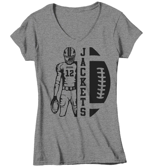 Women's V-Neck Personalized Football T Shirt Custom Football Lineman Player Mom Grandma Team Highschool Senior T Shirt Mascot Shirts Ladies-Shirts By Sarah