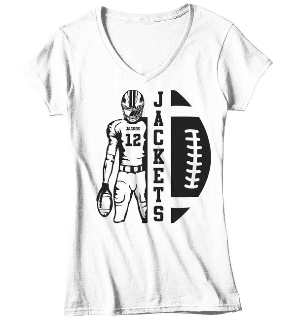 Women's V-Neck Personalized Football T Shirt Custom Football Lineman Player Mom Grandma Team Highschool Senior T Shirt Mascot Shirts Ladies-Shirts By Sarah