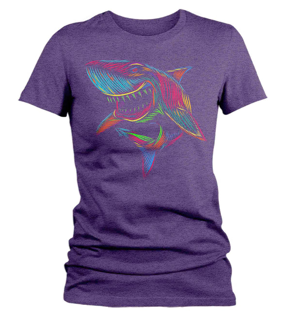 Women's Pop Art Shark Shirt Illustration Line Art Streetwear Fish Great White Drawing Graphic Tee Gift Sea Ocean T Shirt Ladies-Shirts By Sarah