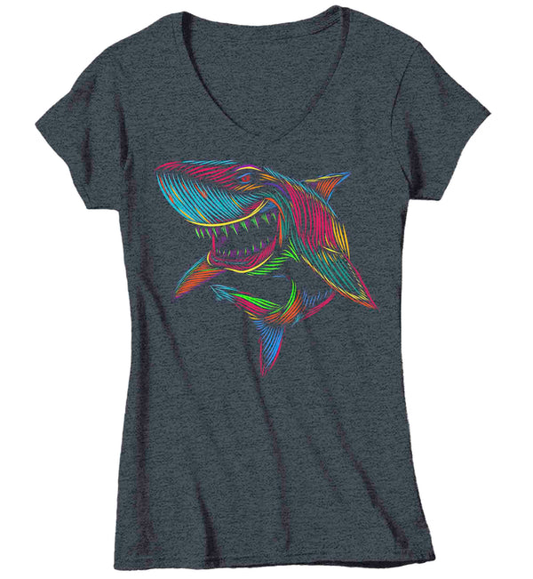 Women's V-Neck Pop Art Shark Shirt Illustration Line Art Streetwear Fish Great White Drawing Graphic Tee Gift Sea Ocean T Shirt Ladies-Shirts By Sarah